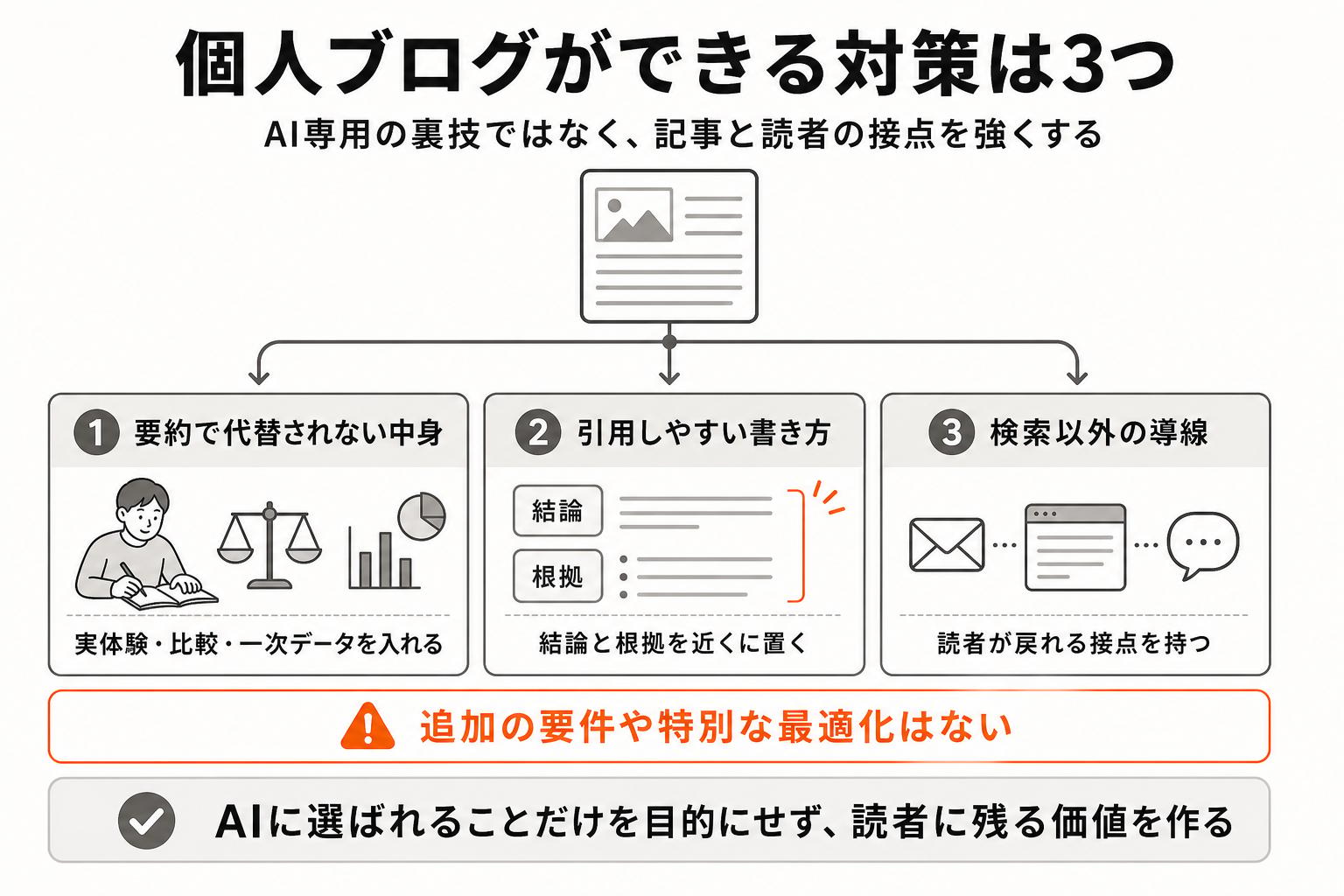 個人ブログができるAI Overview対策として、要約で代替されない中身、引用しやすい書き方、検索以外の導線の3つを示した図解