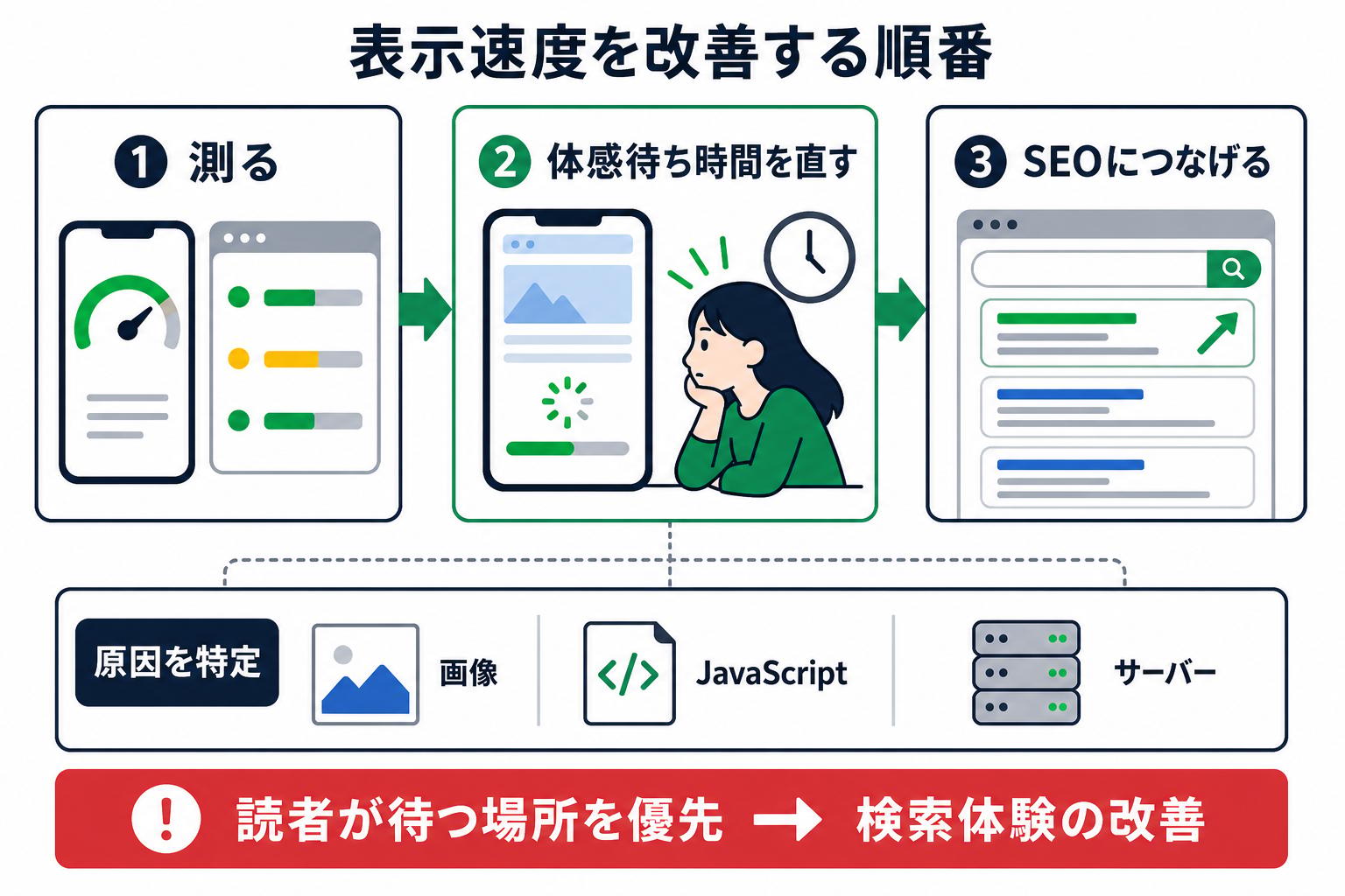 表示速度を改善するときに、原因を測り、読者の体感待ち時間を直し、検索体験の改善につなげる順番を示した図